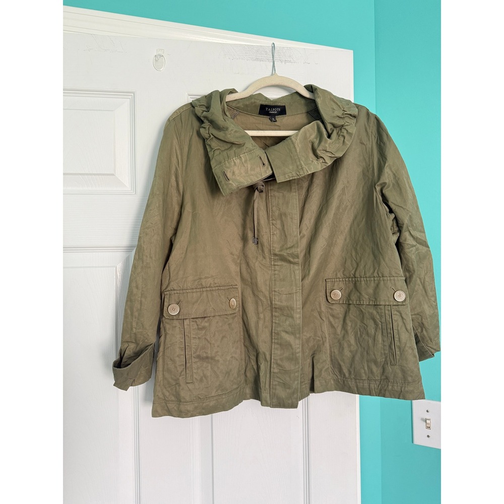 Talbots Olive Green Utility Jacket Ruffle Collar Field Coat Womens 16
